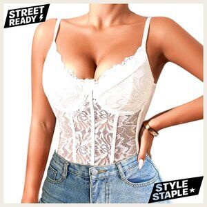 Floral Embroidery Mesh Corset Bodysuit Spaghetti Strap Bustier Rave Top